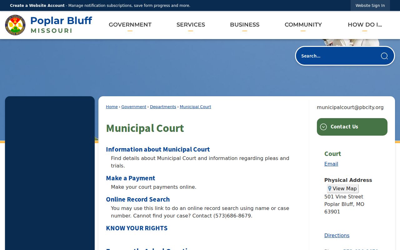 Poplar Bluff Municipal Court contact page