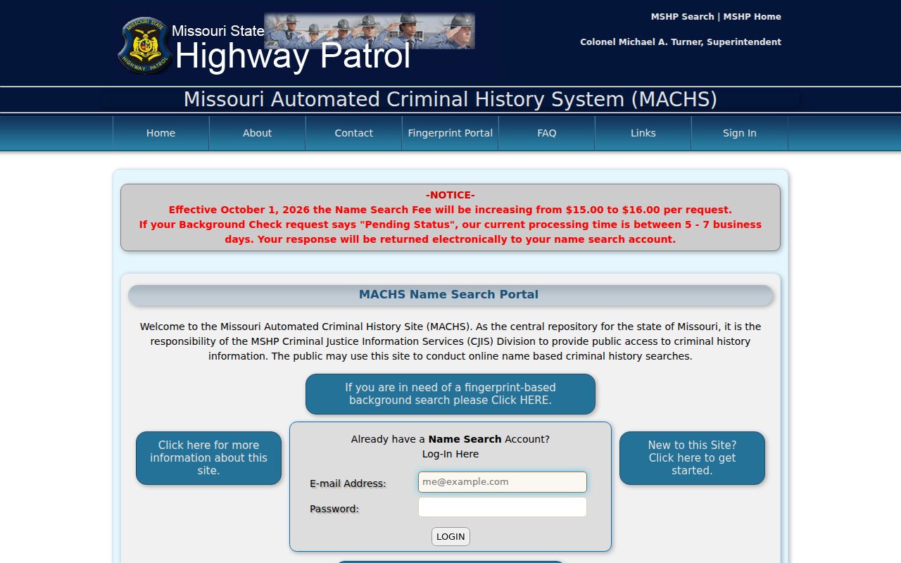 Missouri criminal history search landing page