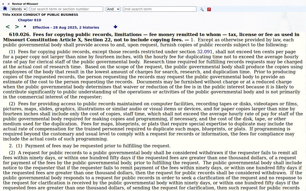 Missouri Sunshine Law fee provision