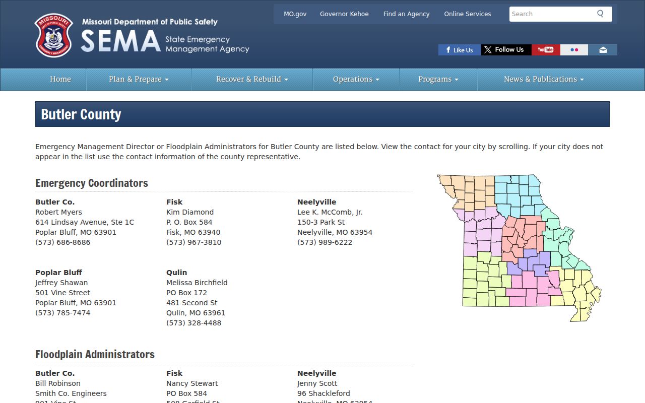 State directory for Butler County city contacts